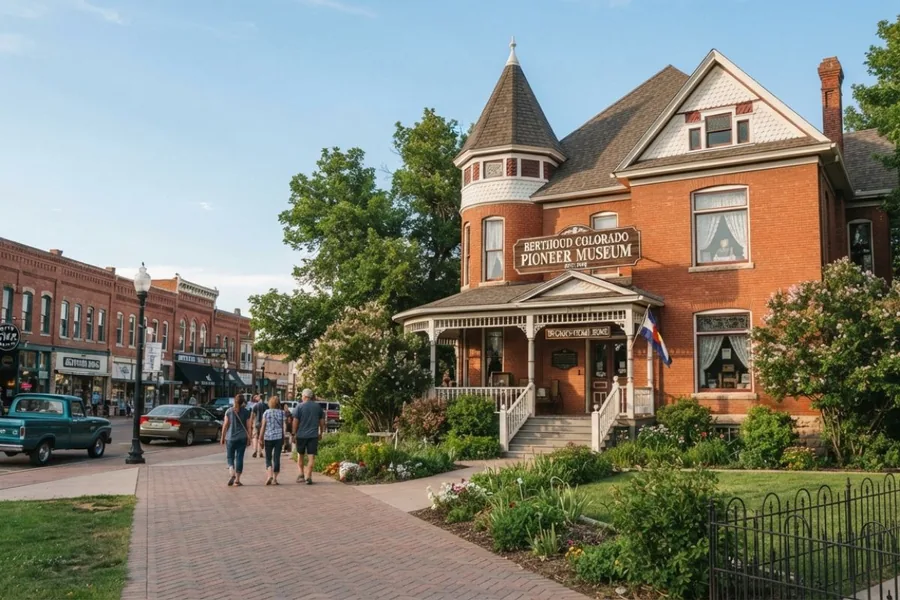 Historic downtown building with clock tower in Berthoud, Colorado