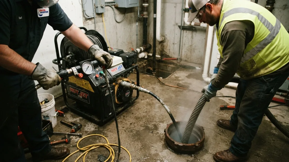 Technicians operating hydro jetting equipment on a drain line