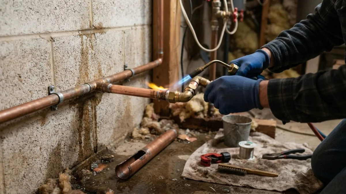 Plumber repairing a copper pipe section near a foundation wall