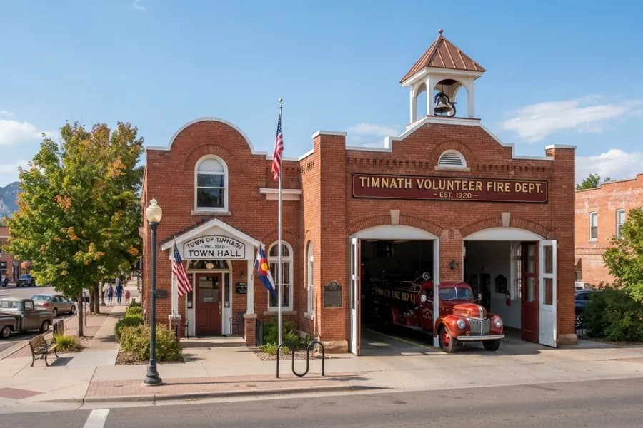 Historic town hall and volunteer fire department building in Old Town Timnath, Colorado