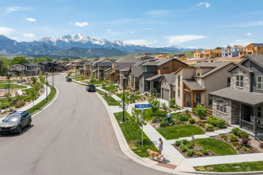 A newer residential subdivision street with a Timnath street sign
