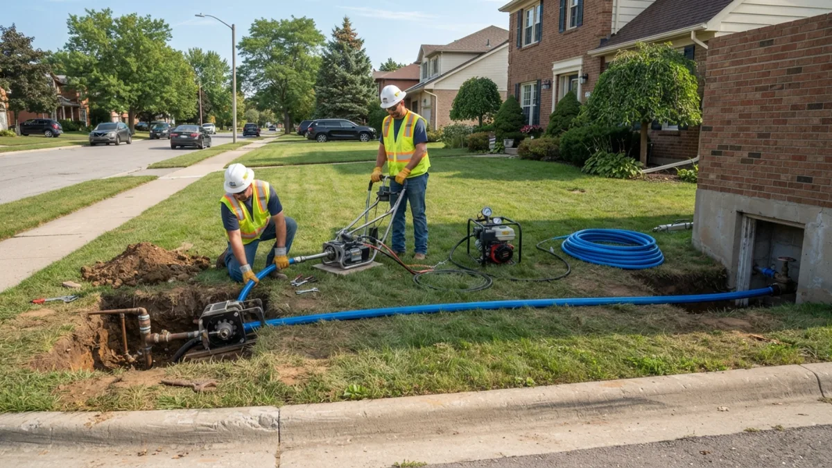 Crew replacing a residential water service line with trenchless equipment