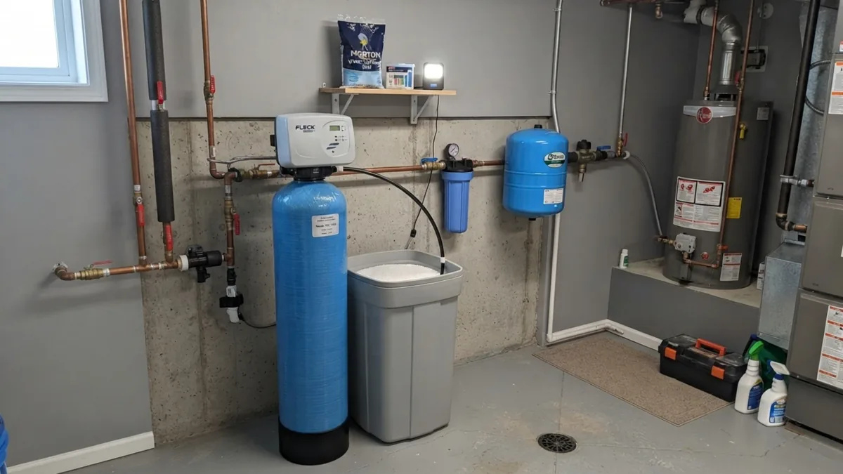 Water softener and brine tank installed in a home utility area