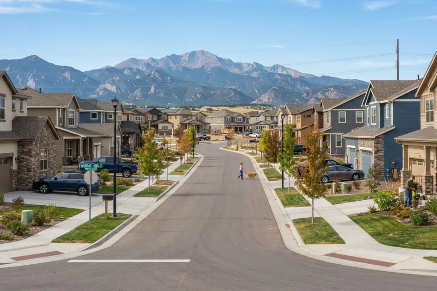 A residential neighborhood street in the Windsor, Colorado area